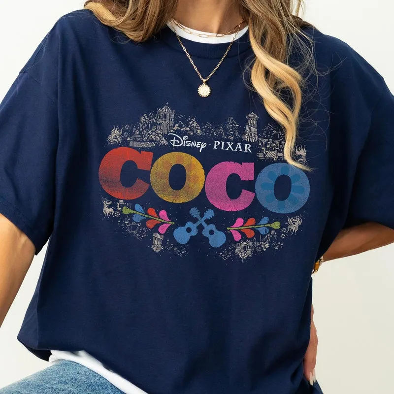 Product Pixar Coco Colored Distressed Graphic T-shirt Hoodie Sweater Movie Logo Vintage Disneyland Family Trip
