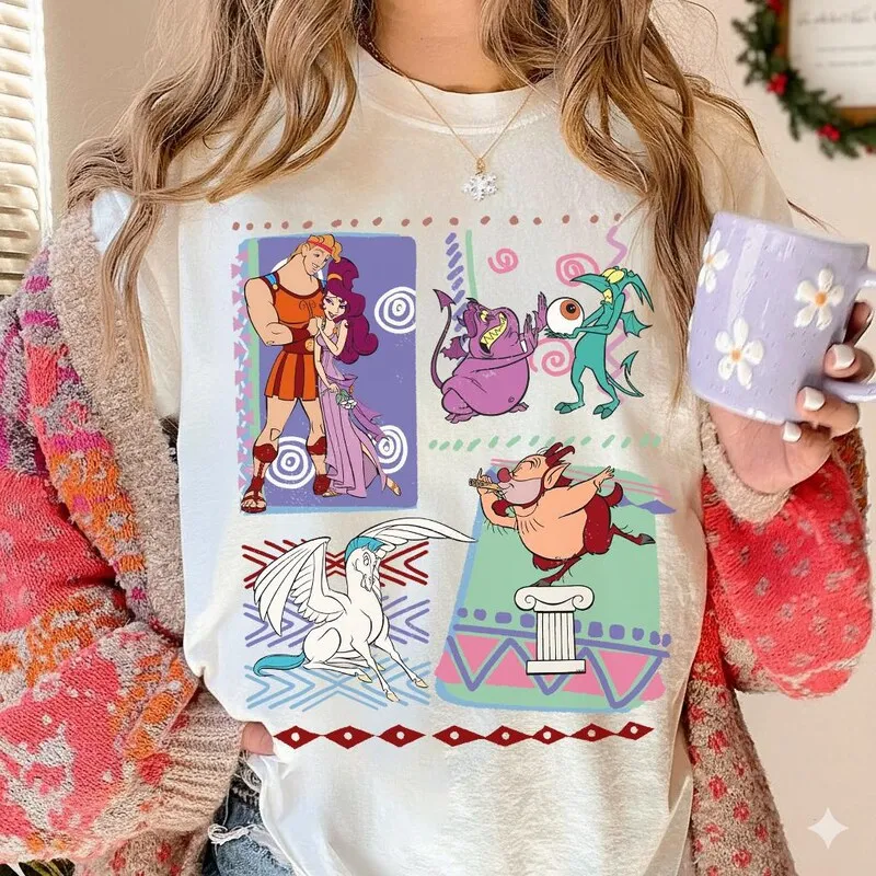 Product Retro 90s Hercules Characters Group T-shirt Hoodie Sweater Disneyland Family Magic Kingdom 2026 Merara Panic Pain