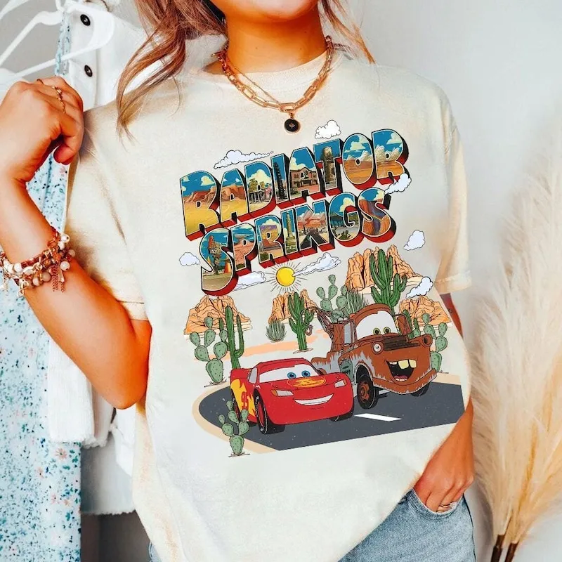 Product Retro Pixar Cars Movie Radiator Springs T-shirt Hoodie Sweater Tow Mater Lighting Mcqueen Couple Land Disneyland Family