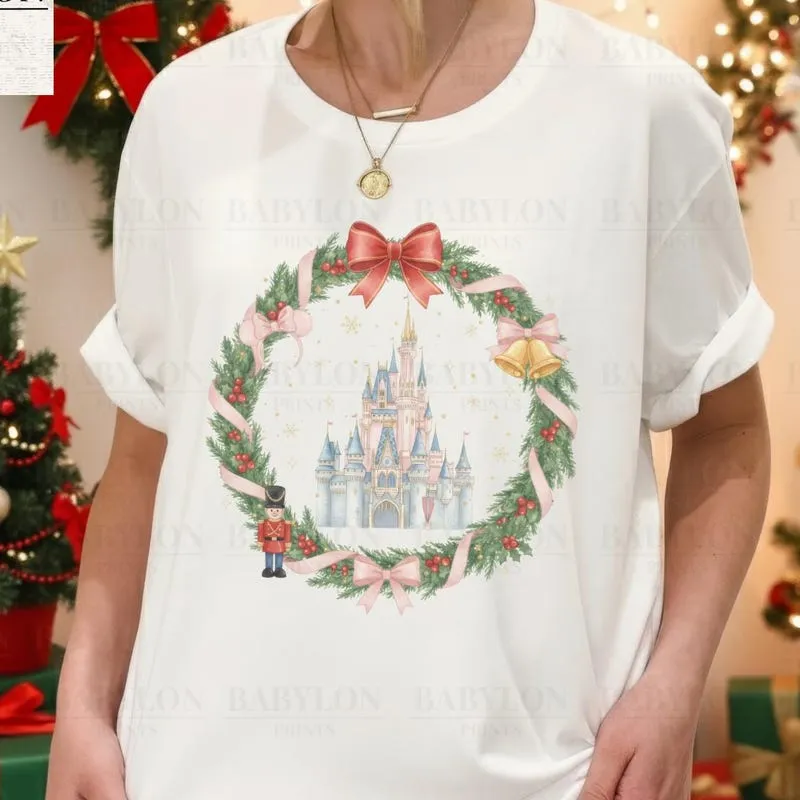 Product Retro Castle Wreath Christmas Magic T-shirt Hoodie Sweater Kingdom Mickey Very Merry Party Holiday Girls Trip