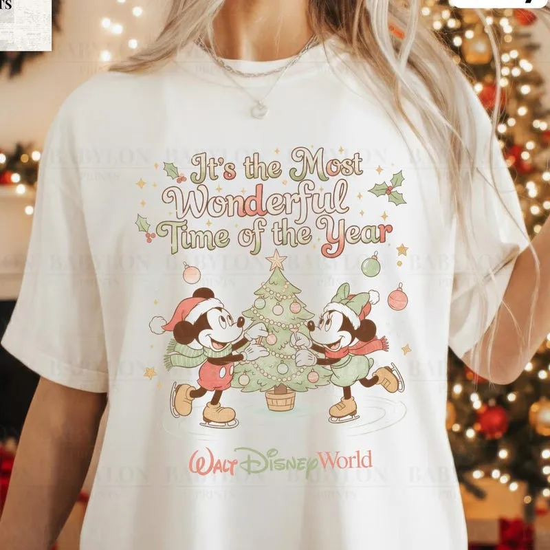 Product Retro Christmas Mickey And Minnie Mouse T-shirt Hoodie Sweater Holiday Lights Family