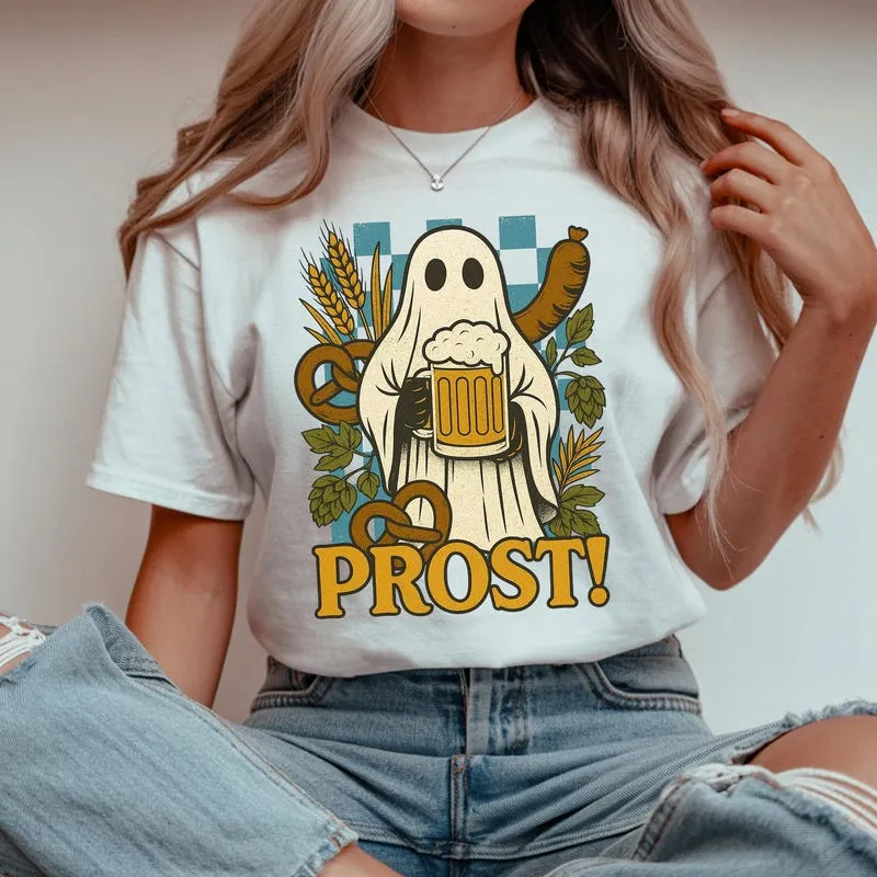 Product Prost Oktoberfest Ghost Halloween Bavarian T-shirt Hoodie Sweater Beer Fest Funny Graphic German Festival 2025