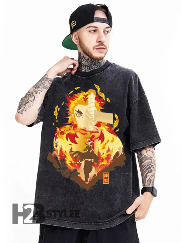 Product Kyojuro Rengoku Vintage Demon Slayer Kimetsu T-shirt Hoodie Sweater No Yaiba Anime Manga Graphic Unisex