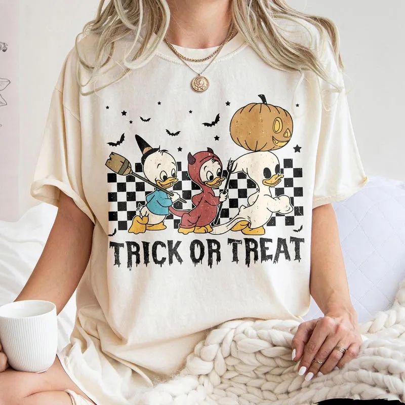 Product Huey Dewey Louie Trick Or Treat T-shirt Hoodie Sweater Halloween Duck Vintage Cartoon Spooky Season Graphic