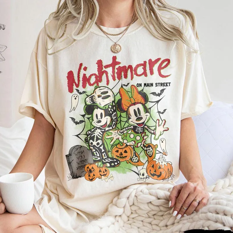 Product Nightmare On Main Street Mickey Minnie T-shirt Hoodie Sweater Skeleton Halloween Couple Spooky Season Horror Disney