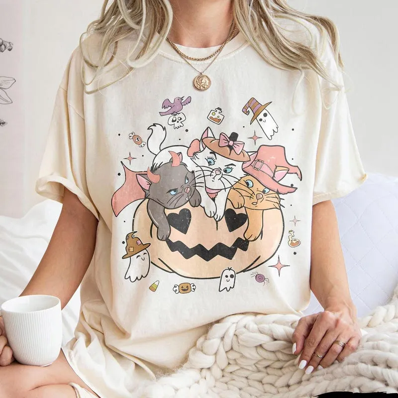 Product Retro Aristocats Halloween Pumpkin Marie T-shirt Hoodie Sweater Toulouse Berlioz Witch Vintage Cat Fall Vibes Top Family Trip