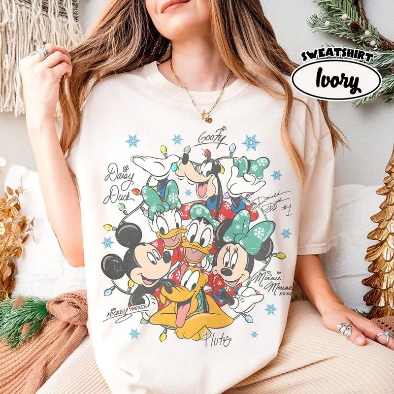 Product Retro Christmas Mickey Mouse Holiday T-shirt Hoodie Sweater Lights Family Group Sweaters