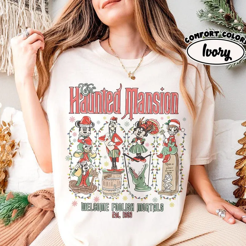 Product Retro Haunted Mansion Christmas Mickey T-shirt Hoodie Sweater Friends Making Spirits Bright Very Merry Xmas Lights Holiday