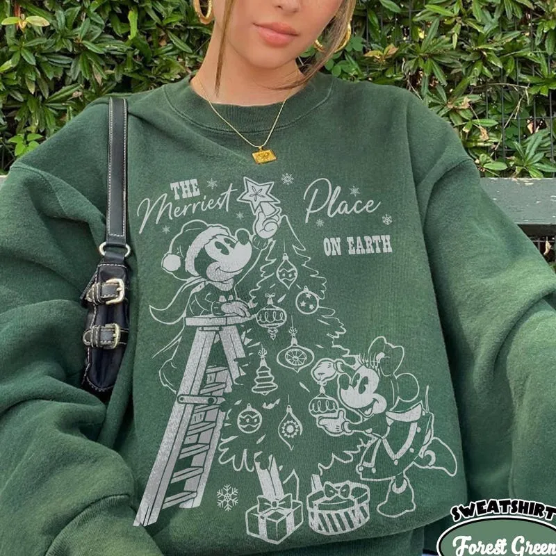 Product Retro Mickey And Minnie Christmas T-shirt Hoodie Sweater Sweatt Sweaters The Merriest Place On Earth Forest Green Family Vacation