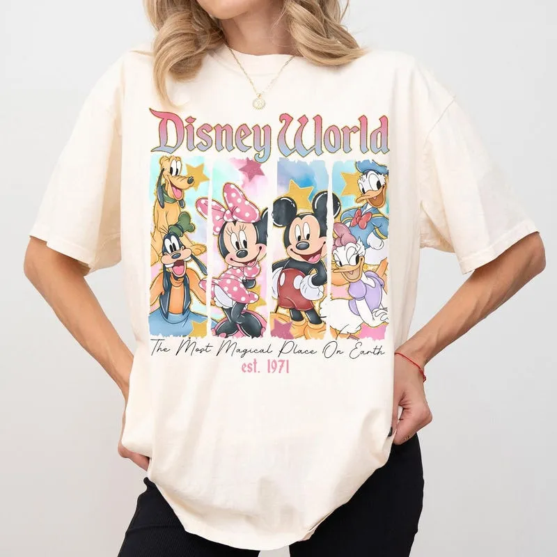 Product Retro World Est 1971 Mickey And Friends T-shirt Hoodie Sweater Parks Watercolor Disneyworld Girl Trip