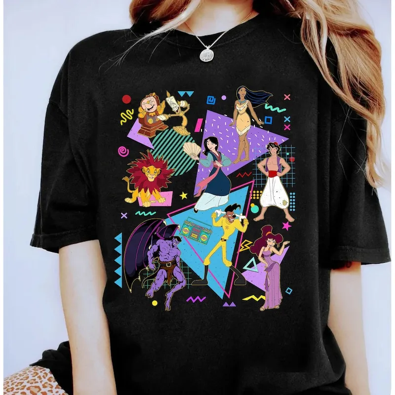 Product Retro 90s Characters Powerline Aladdin T-shirt Hoodie Sweater Megara Mulan Pocahontas Disneyland Family Magic Kingdom