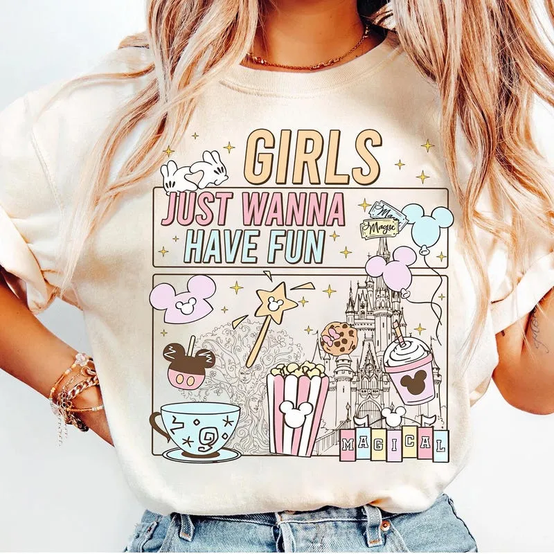 Product Retro 90s Disneyland Castle Girls Just Wanna T-shirt Hoodie Sweater Have Fun Trip Minnie And Daisy Couples Girl Disney