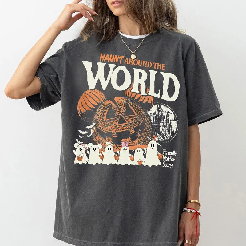 Product Retro Halloween Haunt Around The World T-shirt Hoodie Sweater Epcot Mickey And Friends Spooky Season Not So Scary