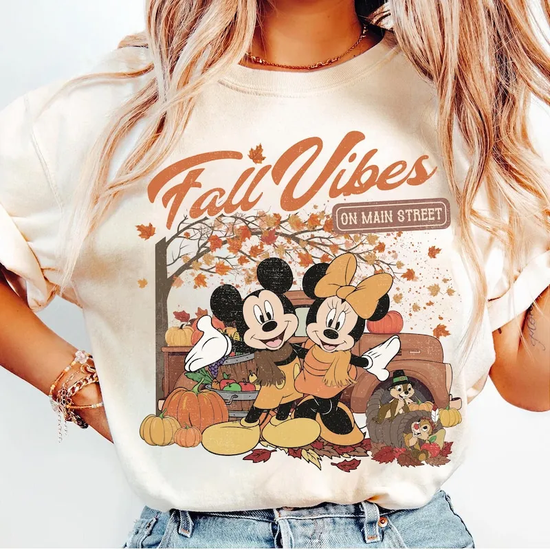 Product Retro Mickey And Minnie Fall Vibes On T-shirt Hoodie Sweater Main Street Pumpkin Thanksgiving Disneyland Spice Season Autumn