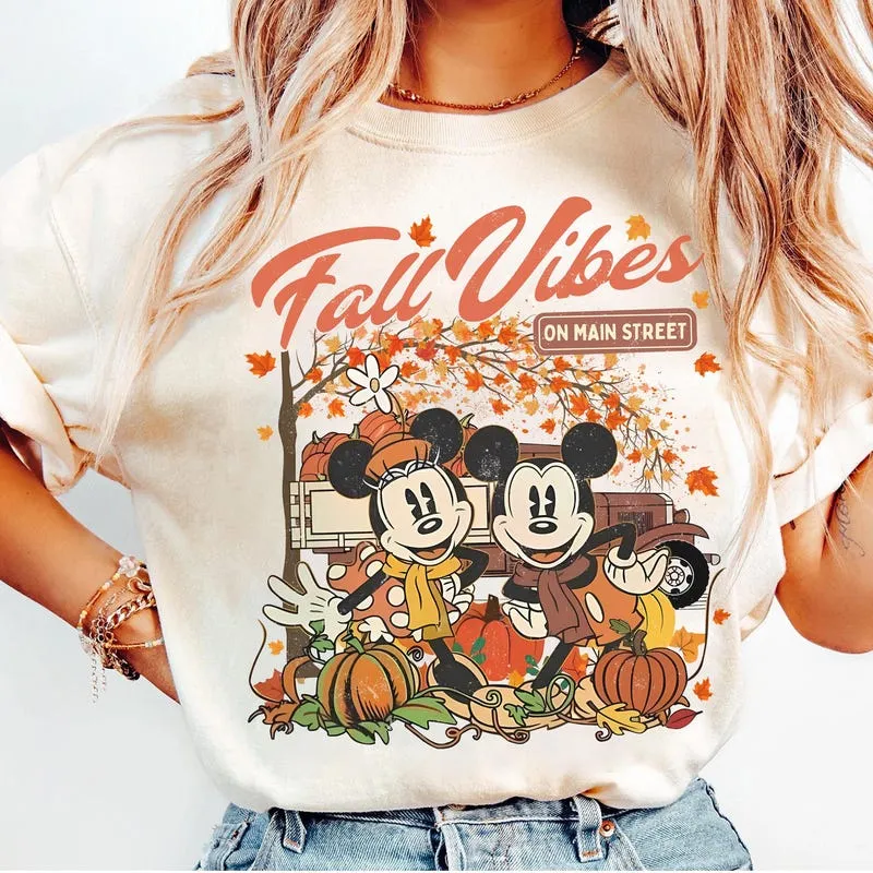 Product Retro Mickey Minnie Fall Vibes On Main T-shirt Hoodie Sweater Street Pumpkin Thanksgiving Disneyland Spice Season Autumn