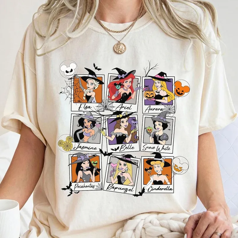 Product Retro Princess Witch Group Spooky T-shirt Hoodie Sweater Balloon Halloween Belle Snow White Ariel Cinderella Disneyworld