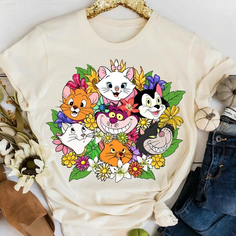 Product Retro Floral Cats The Aristocats T-shirt Hoodie Sweater Berlioz Toulouse And Marie Cheshire Cat Disneyland Trip Gift Family