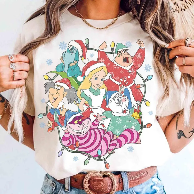 Product Retro Group Christmas Alice In T-shirt Hoodie Sweater Wonderland Holiday Lights Squad Family Cheshire Cat Xmas