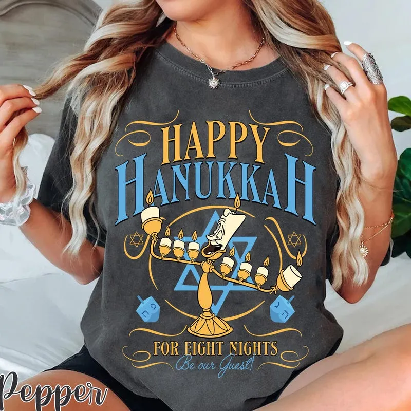 Product Funny Lumiere Happy Hanukkah For Eight Nights T-shirt Hoodie Sweater Beauty And The Beast Be Our Guest Jewish Holiday Gift