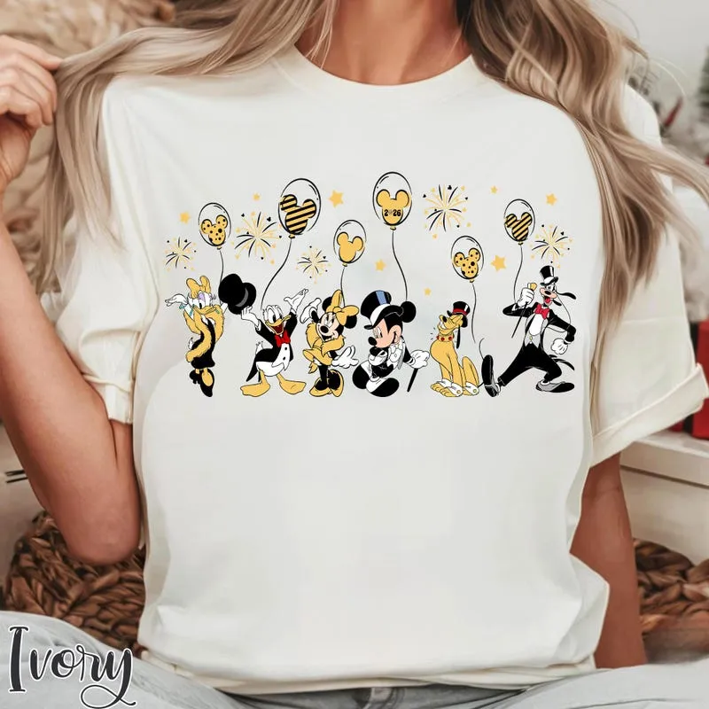 Product Funny Mickey And Friends Happy New Year 2026 T-shirt Hoodie Sweater Epcot Center Fireworks Eve Holiday
