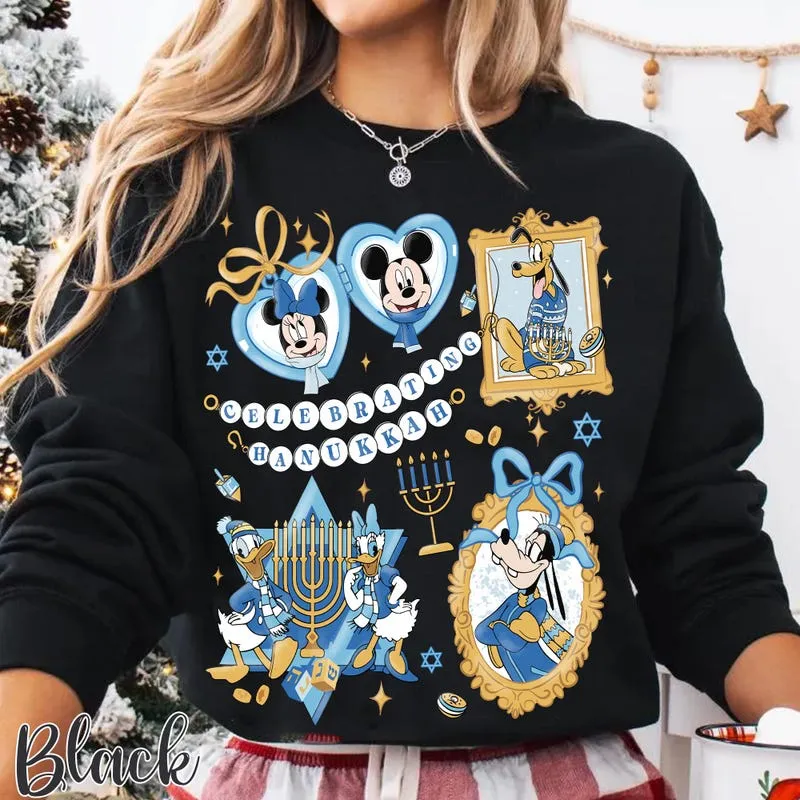 Product Funny Mickey Friends Celebrating Hanukkah T-shirt Hoodie Sweater Coquette Bow Blue Gold Menorah Holiday Disneyland Trip