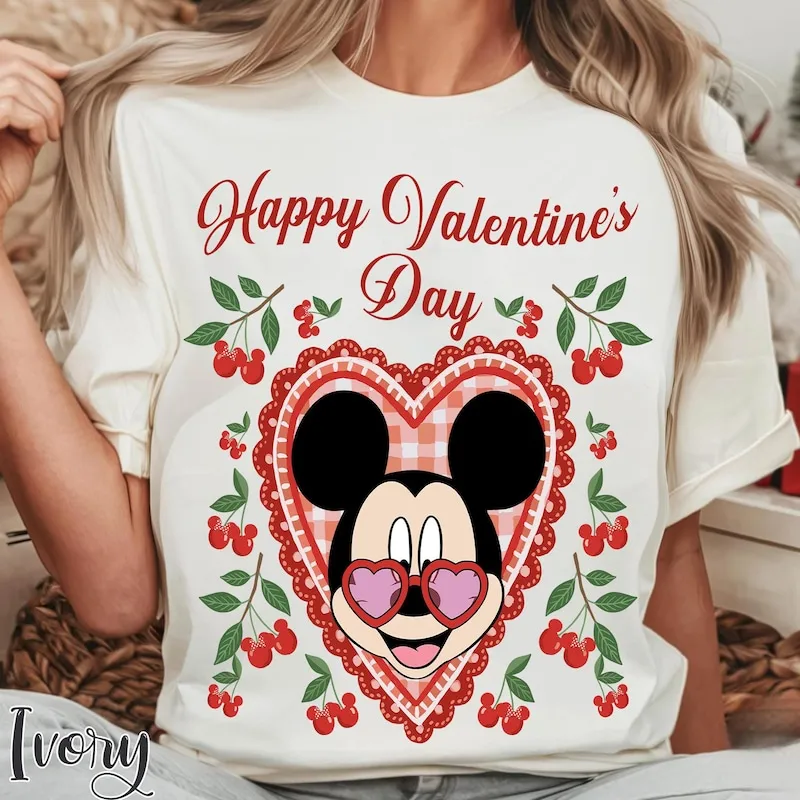 Product Funny Mickey Mouse Cherry Heart Sunglasses T-shirt Hoodie Sweater Valentine Happy Day Gift For Couples