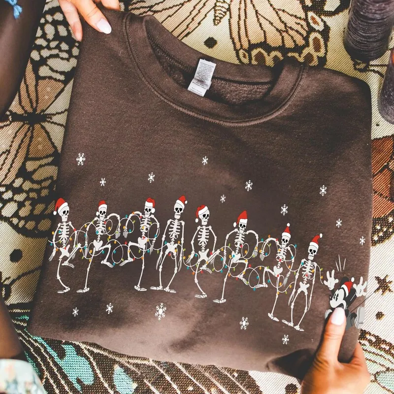 Product Funny Mickey Santa And Skeleton Dancing T-shirt Hoodie Sweater Xmas Holiday Lights Very Merry Christmas Party