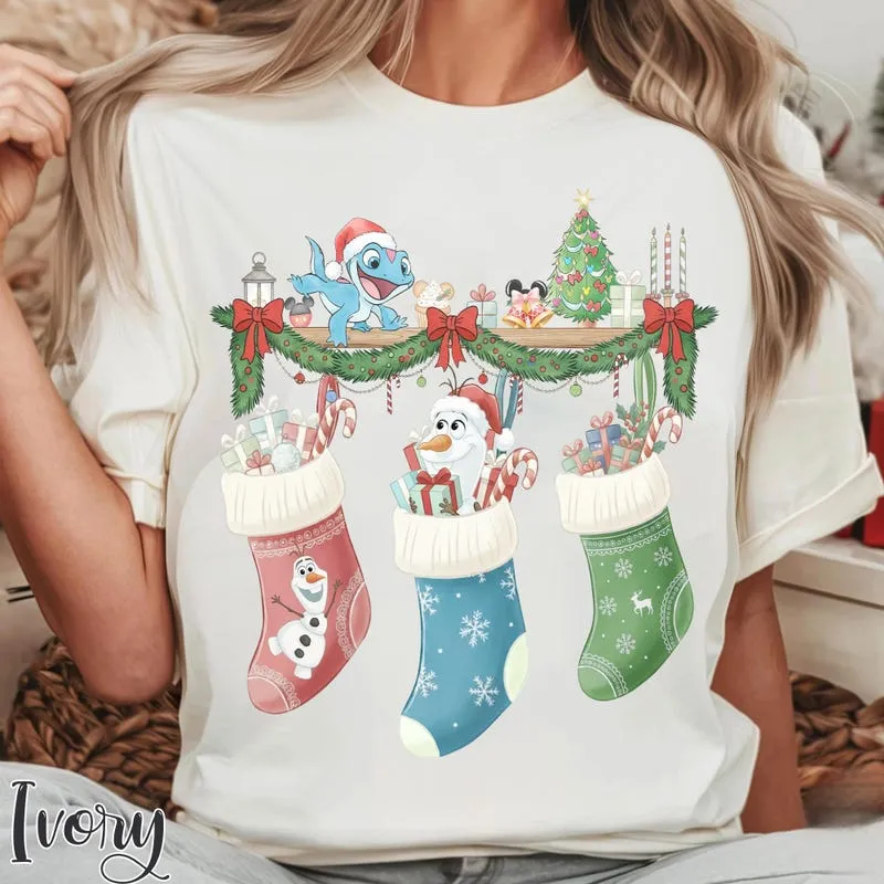 Product Funny Olaf And Bruni Christmas Stocking T-shirt Hoodie Sweater Watercolor Frozen Magical Shelf Holiday Outfit Disneyland Xmas