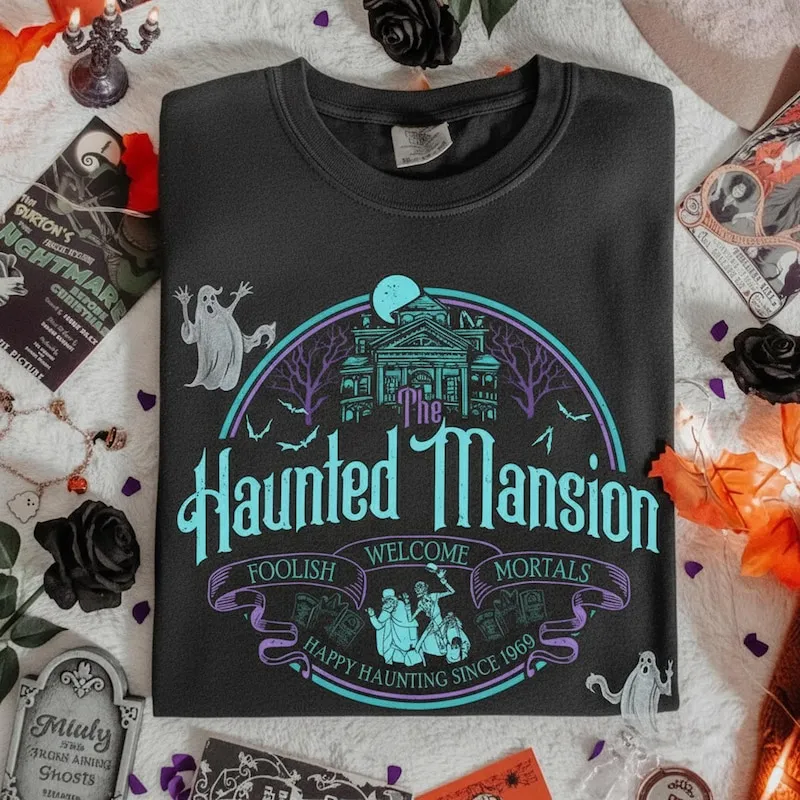 Product Hitchhiking Ghosts Madame Leota Welcome T-shirt Hoodie Sweater Foolish Mortals The Haunted Mansion Halloween Trip Outfits