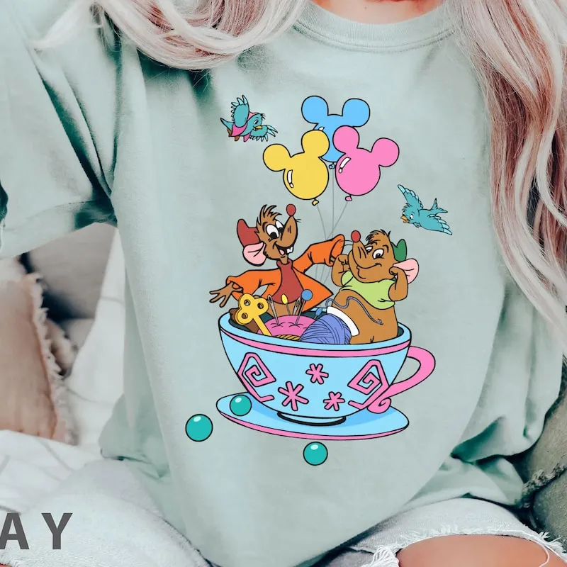 Product Jaq Gus Blue Bird Mad Tea Party Mickey Balloon T-shirt Hoodie Sweater Vintage Cinderella Mouse Disneyland Family Trip