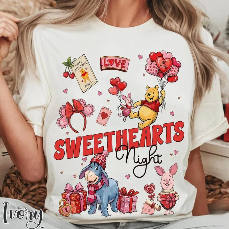 Product Pooh Eeyore And Piglet Sweethearts Night T-shirt Hoodie Sweater Winnie The Valentine Hundred Acre Wood Day Gift