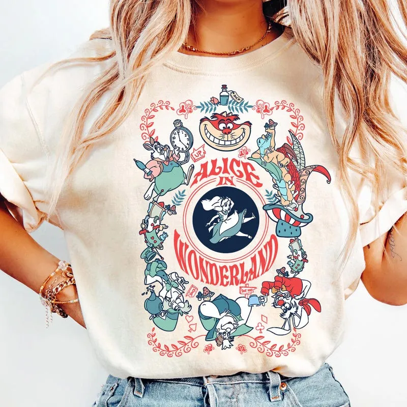 Product Retro 70s Alice In Wonderland Card Style T-shirt Hoodie Sweater Mashup Cheshire Cat White Rabbit Mad Hatter Disneyland Family Crew