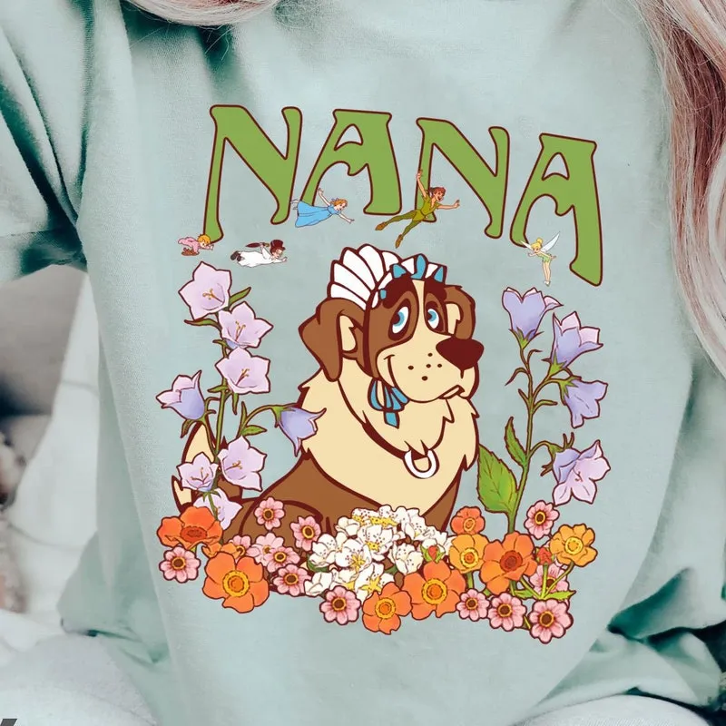 Product Retro 70s Nana Nursery Floral Flower T-shirt Hoodie Sweater Peter Pan Cute Nursing Dog Nurse Gift Magic Kingdom