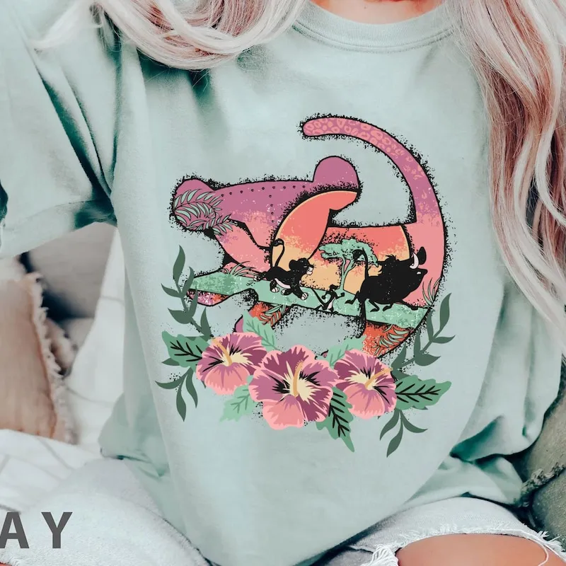 Product Retro Baby Simba Hakuna Matata Floral Flower T-shirt Hoodie Sweater Comfort Color The Lion King Animal Kingdom Disneyland Family Trip