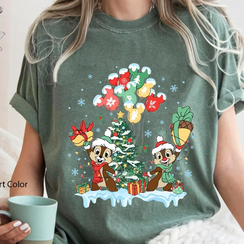 Product Retro Christmas Chip N Dale Mickey T-shirt Hoodie Sweater Balloon Very Merry Disneyland Xmas Family Trip 2024