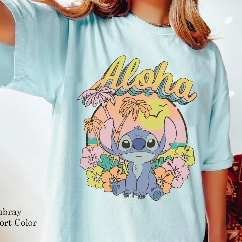 Product Retro Lilo Stitch Summer Floral Aloha T-shirt Hoodie Sweater Funny Hawaii Disneyland Family Trip