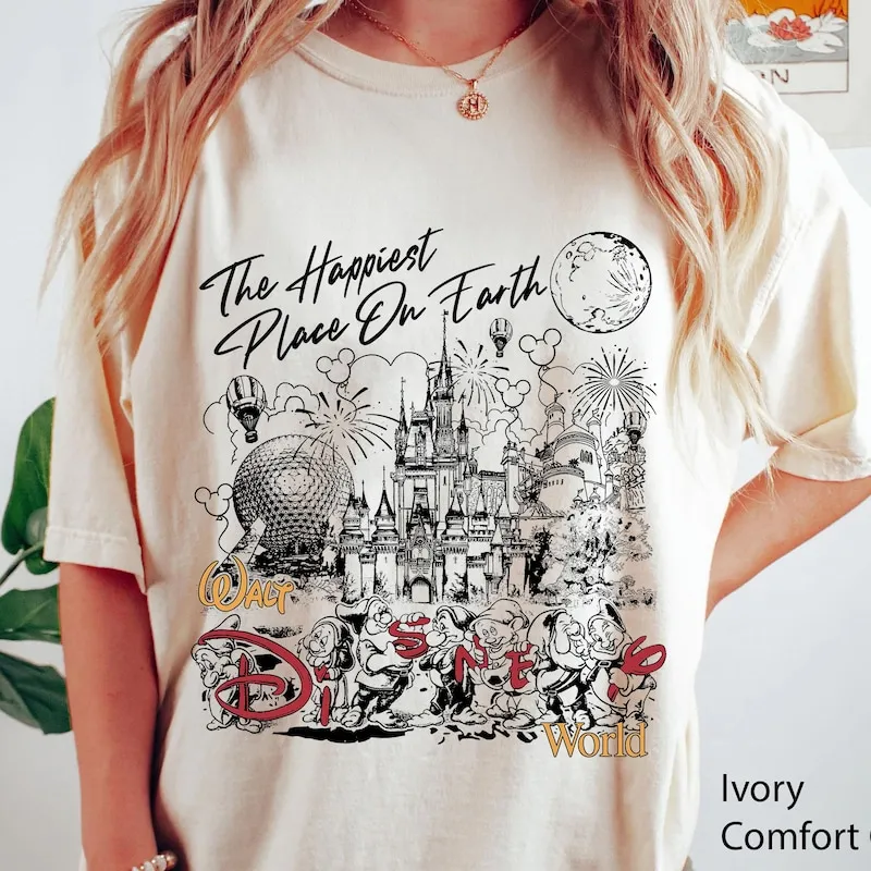 Product Retro World Magic Castle Walt 1971 Snow T-shirt Hoodie Sweater White Seven Dwarfs Kingdom