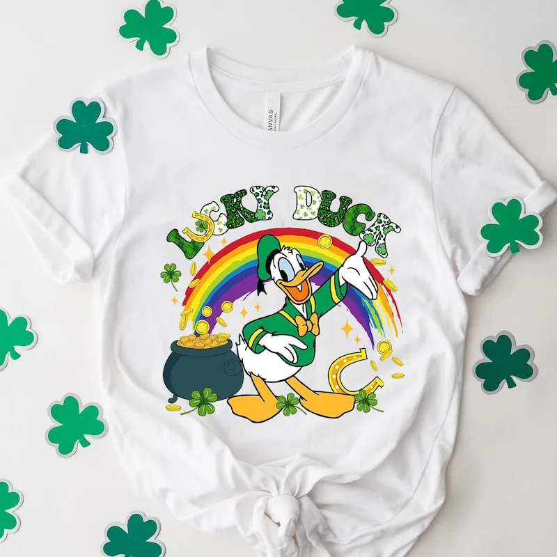Product Retro Lucky Duck Donald St Patrick Day T-shirt Hoodie Sweater Happy Saint Gold Rainbow Irish Disneyland Family Trip