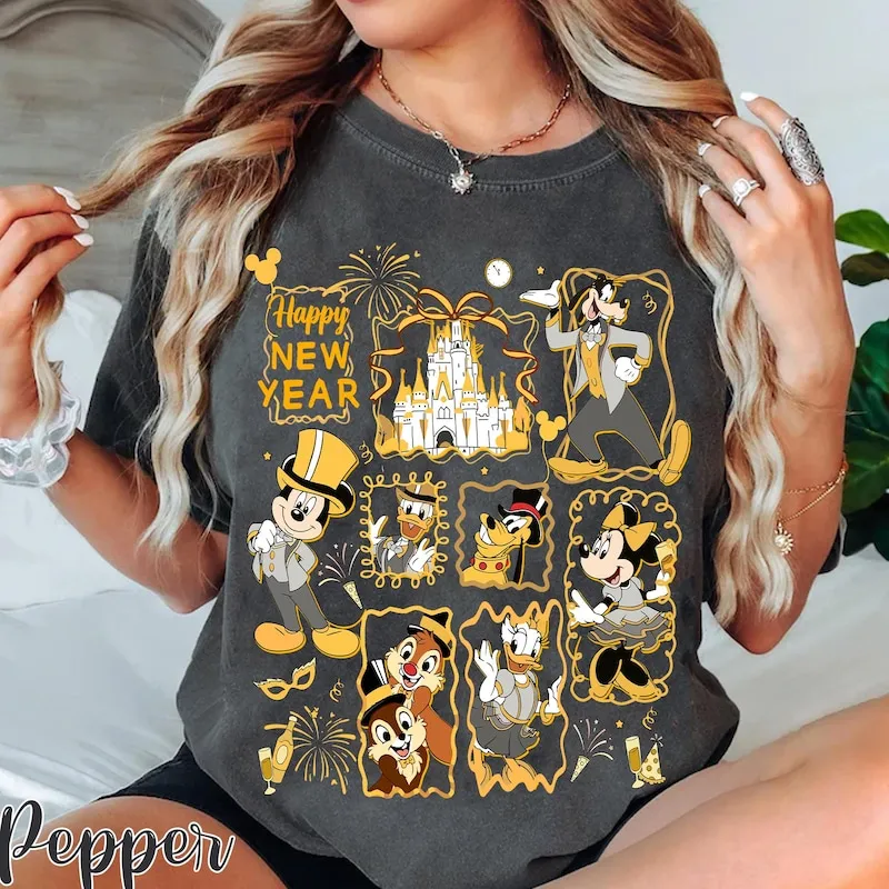 Product Retro Mickey And Friends Character New Year T-shirt Hoodie Sweater Fireworks Chip N Dale Happy Eve Trip