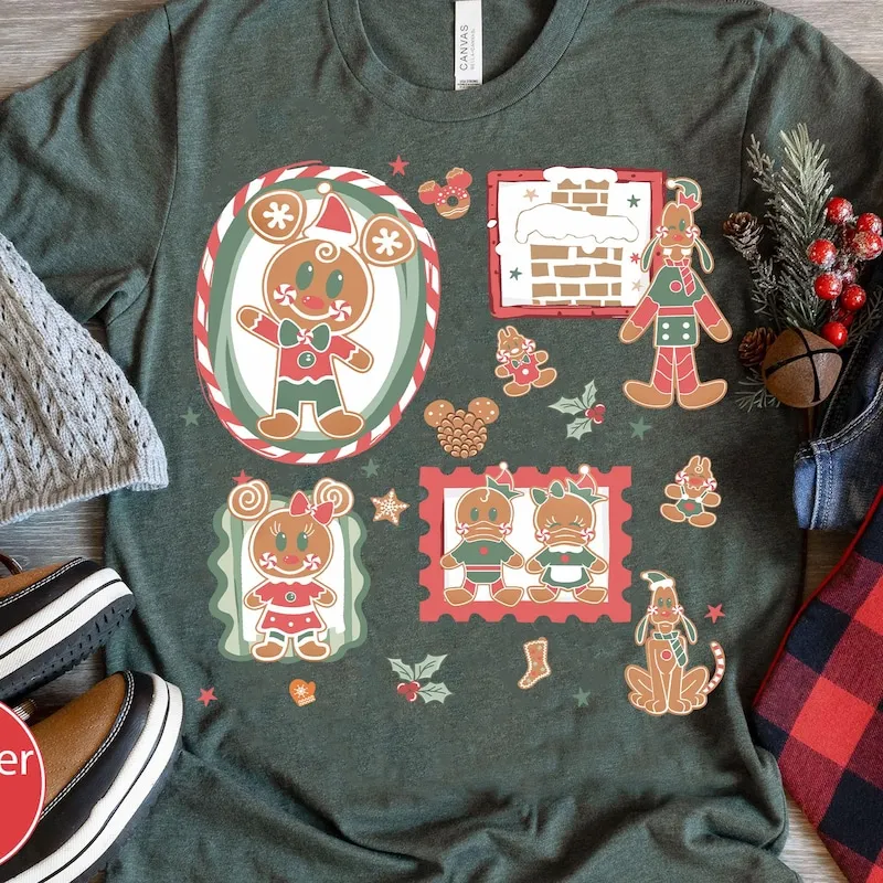 Product Vintage Mickey And Friends Gingerbread T-shirt Hoodie Sweater Watercolor Disneyland Holiday Very Merry Christmas Party