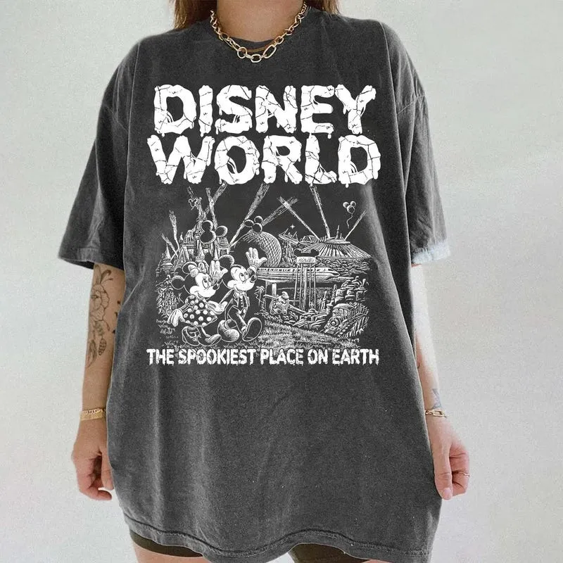 Product Retro World Halloween Mickey Minnie T-shirt Hoodie Sweater Disneyland Disneyworld Castle Spooky Season Outfit